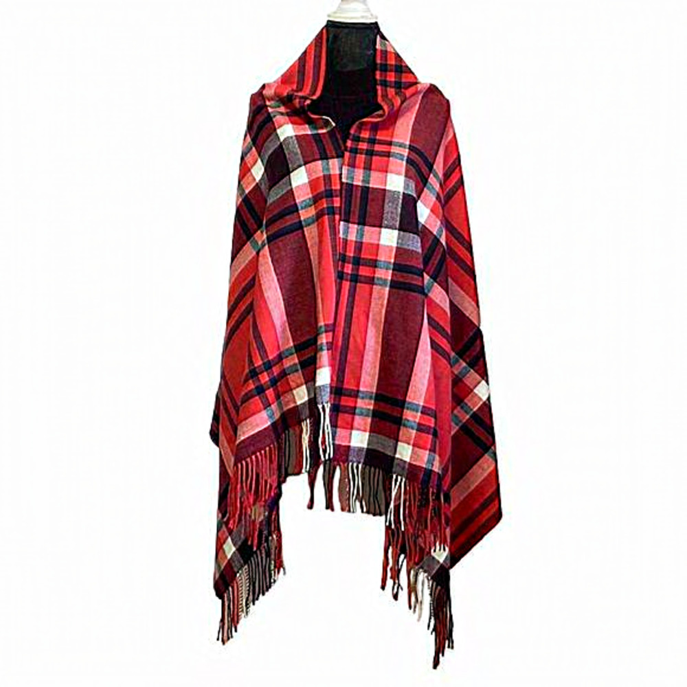 Love & Lore Red Plaid  Wrap Poncho Shawl with Fringe One Size